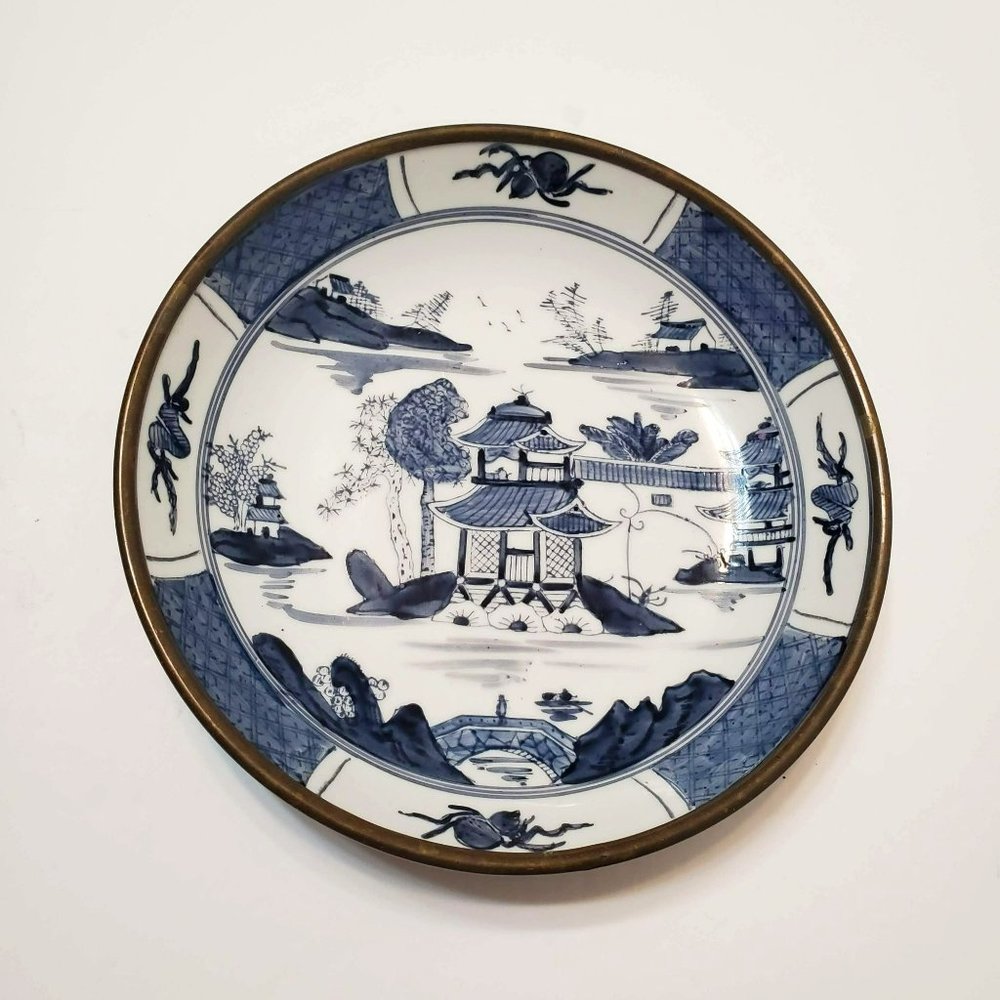Japanese Porcelain Bowl Hand Painted in Hong Kong Horchow Collection Brass